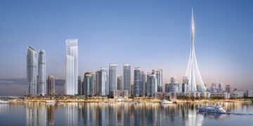 Representación del puerto de Dubai Creek con la torre en Dubai Creek.