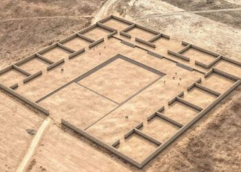 Ilustración aérea de las ruinas del templo de Palaspata en Bolivia.