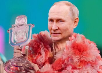 Ilustración de Vladimir Putin celebrando un trofeo del concurso de canciones de Eurovisión mientras usa una prenda rosa esponjosa.