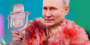 Ilustración de Vladimir Putin celebrando un trofeo del concurso de canciones de Eurovisión mientras usa una prenda rosa esponjosa.