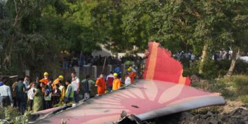 Los escombros de un avión estrellado con gente parada cerca.