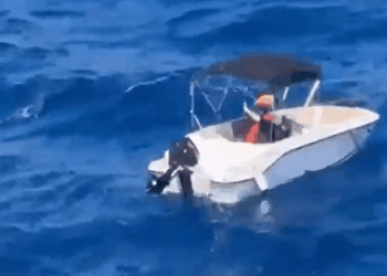 Pequeña lancha de motor en el océano.