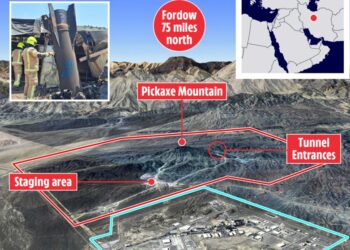 Ilustración de la planta de enriquecimiento de uranio de Natanz de Irán y la montaña Pickaxe, destacando su profundidad y seguridad en comparación con los sitios dañados por las bombas estadounidenses.