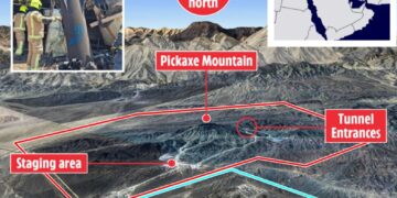 Ilustración de la planta de enriquecimiento de uranio de Natanz de Irán y la montaña Pickaxe, destacando su profundidad y seguridad en comparación con los sitios dañados por las bombas estadounidenses.