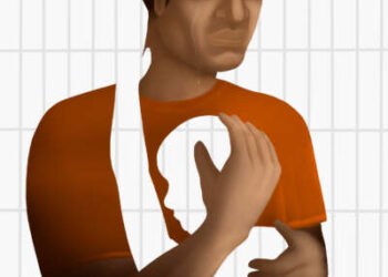 Un dibujo de un hombre con piel marrón con un mono de prisión naranja contra un fondo de bares abraza el contorno de un niño, pero no hay nadie allí