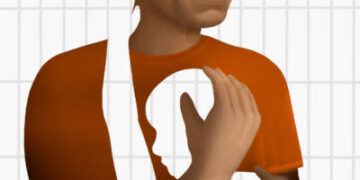 Un dibujo de un hombre con piel marrón con un mono de prisión naranja contra un fondo de bares abraza el contorno de un niño, pero no hay nadie allí