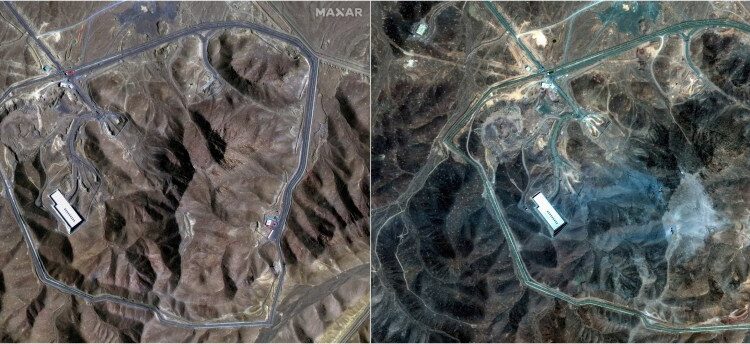 Comparación de imágenes satelitales que muestra un sitio antes y después de una aparente explosión.