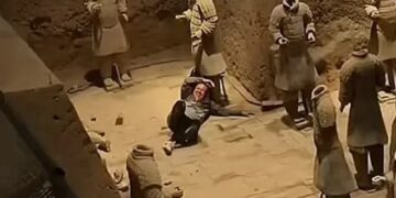 Una persona sentada entre las estatuas del ejército de terracota dañada.