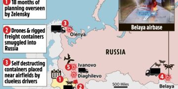 Ilustración de un mapa que detalla una operación de drones ucranianos contra las bases aéreas rusas.