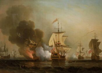 Pintura de una batalla naval, con varios barcos involucrados en combate.