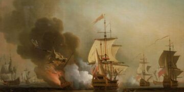 Pintura de una batalla naval, con varios barcos involucrados en combate.