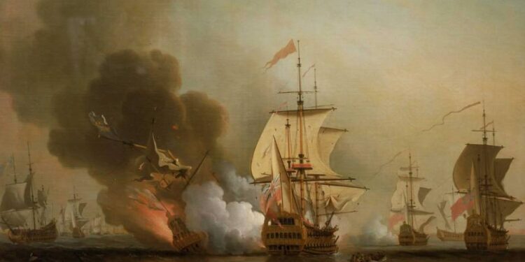 Pintura de una batalla naval, con varios barcos involucrados en combate.