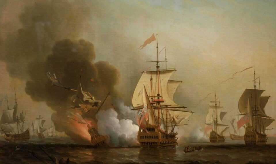 Pintura de una batalla naval, con varios barcos involucrados en combate.