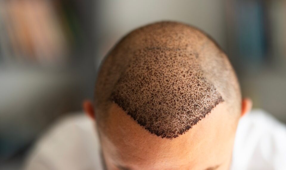 Vista superior del cuero cabelludo de un hombre después de un trasplante de cabello.