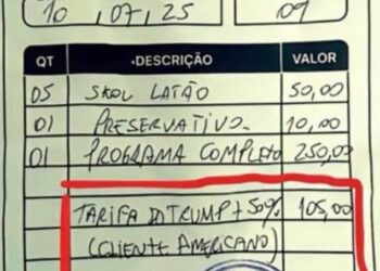 Recibo de un Cabaret Fortaleza que muestra cargos por bebidas, condones, un espectáculo y una tarifa del 50% de Trump para un cliente estadounidense.