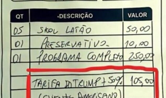Recibo de un Cabaret Fortaleza que muestra cargos por bebidas, condones, un espectáculo y una tarifa del 50% de Trump para un cliente estadounidense.