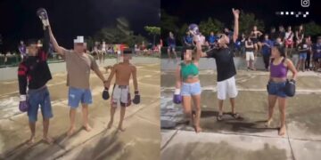 Dos fotos que muestran el arresto de sospechosos que promovieron partidos de boxeo menores de edad transmitido en las redes sociales.