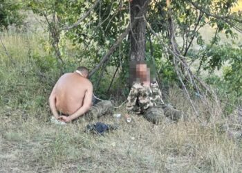 Dos hombres atados sentados debajo de un árbol.