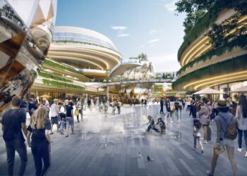 Ilustración de un centro comercial moderno con personas y características de agua.