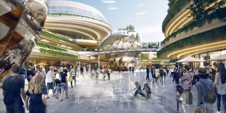 Ilustración de un centro comercial moderno con personas y características de agua.