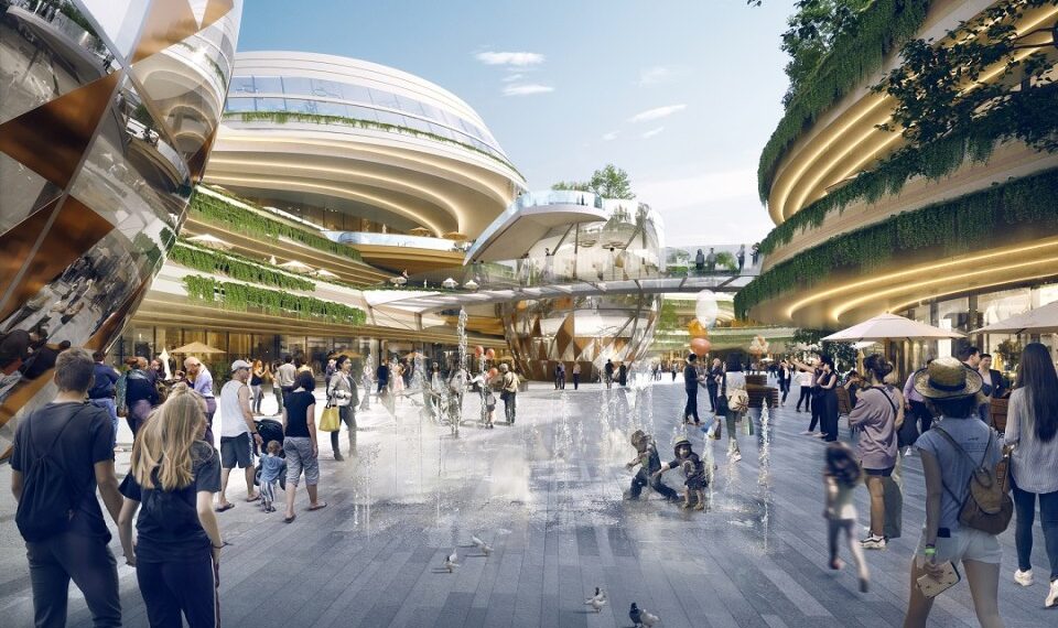 Ilustración de un centro comercial moderno con personas y características de agua.