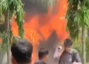 Gente mirando un gran incendio.