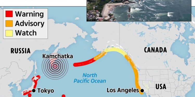 Mapa que muestra advertencias de tsunami a través del Océano Pacífico.