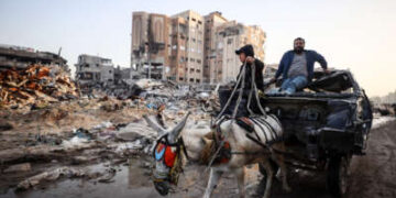 Un burro tira de un carro que lleva a un hombre a través de los escombros que alguna vez fue un vecindario