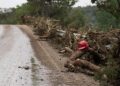El casco de béisbol de un niño se encuentra entre los escombros de inundación a lo largo de TX-39 cerca de Hunt, Texas, el 5 de julio de 2025. (Eric Vryn/Getty Images)