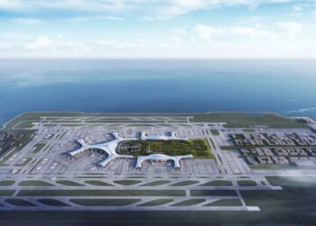 Ilustración aérea del Aeropuerto Internacional Dalian Jinzhou Bay, el aeropuerto  grande del mundo en una isla artificial.
