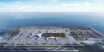 Ilustración aérea del Aeropuerto Internacional Dalian Jinzhou Bay, el aeropuerto  grande del mundo en una isla artificial.