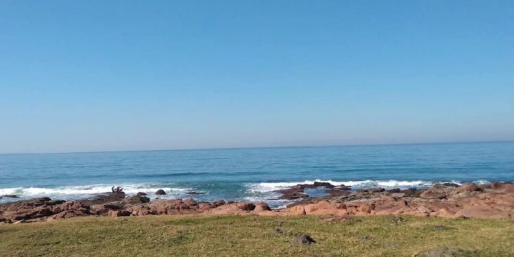 Vista oceánica desde el área cubierta de hierba con costa rocosa.
