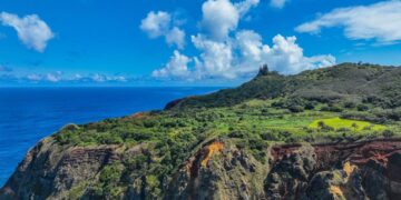 Vista aérea de la isla Pitcairn, que muestra acantilados, vegetación y océano.