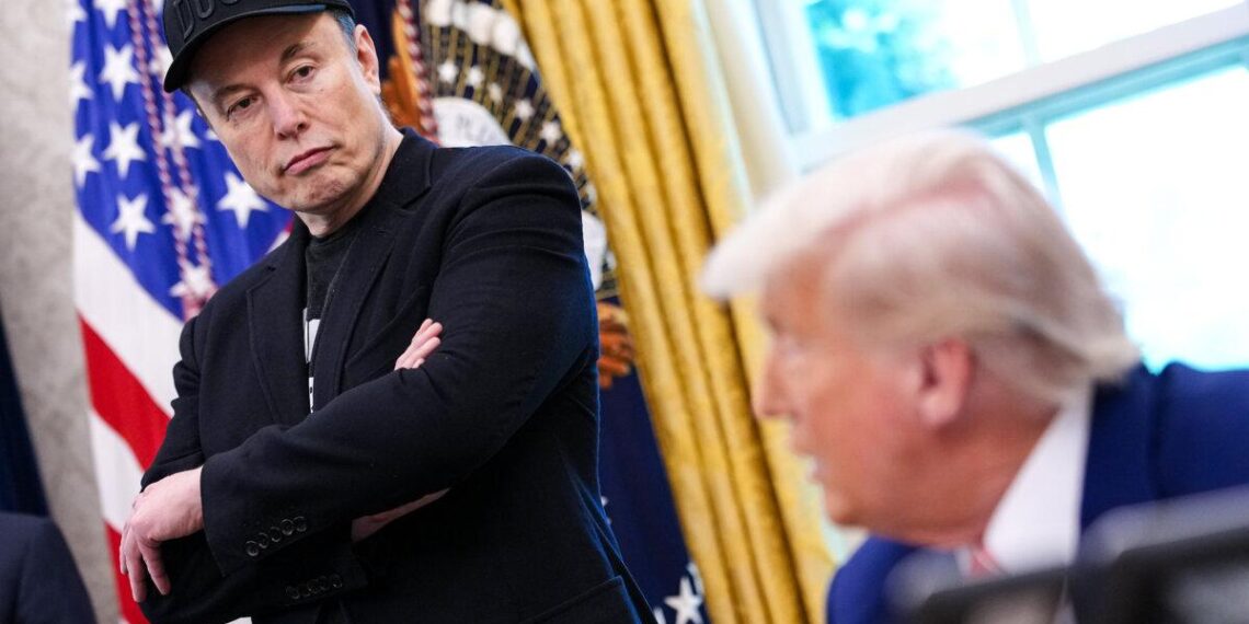 El CEO de Tesla, Elon Musk, escucha cuando el presidente Donald Trump habla con los periodistas en la Oficina Oval de la Casa Blanca en Washington, el 30 de mayo de 2025. (Kevin Dietsch/Getty Images)