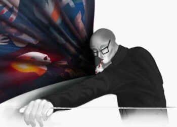 Un hombre literalmente oculto con un suéter negro chupa una selección de la ilustración de la verdad a través de una paja mientras mira al espectador con ojos verdes algo sin alma