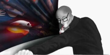 Un hombre literalmente oculto con un suéter negro chupa una selección de la ilustración de la verdad a través de una paja mientras mira al espectador con ojos verdes algo sin alma