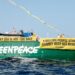 La nave del Sunrise de la nave de Greenpeace International lleva los mensajes "Detener la minería de aguas profundas y "3 millones de personas se enfrentan a la minería de aguas profundas" Mientras estaba en aguas francesas frente a la costa de Niza, Francia, el 8 de junio de 2025.