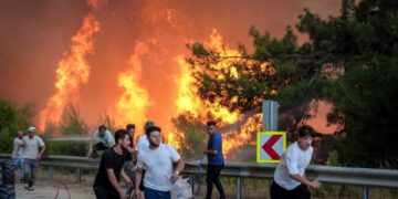Bomberos y civiles que luchan contra un gran incendio forestal.