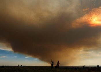 El humo de un incendio forestal en la provincia de Toledo oscurece el horizonte de Madrid.