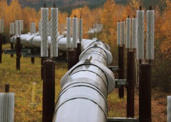 Una parte del sistema Trans Alaska Pipeline en Fairbanks, Alaska, el 17 de septiembre de 2019. (Joe Raedle/Getty Images)
