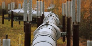 Una parte del sistema Trans Alaska Pipeline en Fairbanks, Alaska, el 17 de septiembre de 2019. (Joe Raedle/Getty Images)