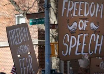 Dos letreros pintados a mano, una lectura "Libertad del miedo"el otro "Libertad de interlocución"en gran protesta