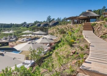 Gondwana Private Game Reserve Resort con una pasarela de madera y una piscina.