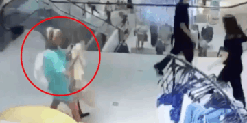 Captura de pantalla de una mujer con una camisa verde azulado que lleva algo en un centro comercial.