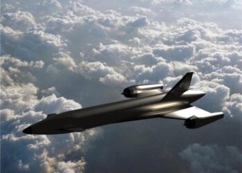 Ilustración del vehículo de vuelo hipersónico Invictus sobre las nubes.