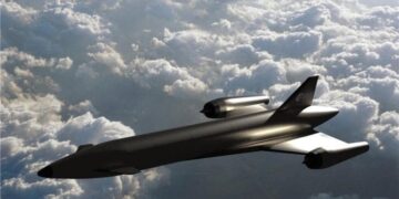 Ilustración del vehículo de vuelo hipersónico Invictus sobre las nubes.