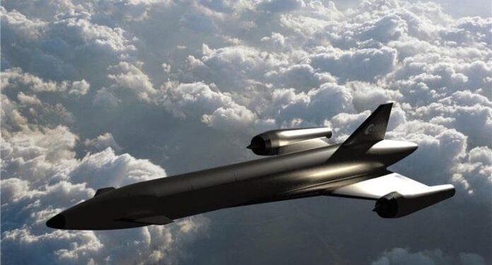 Ilustración del vehículo de vuelo hipersónico Invictus sobre las nubes.