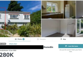 Collage de fotos que muestran una casa en venta en Dunedin, Nueva Zelanda.