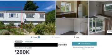 Collage de fotos que muestran una casa en venta en Dunedin, Nueva Zelanda.