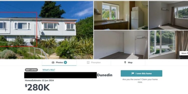 Collage de fotos que muestran una casa en venta en Dunedin, Nueva Zelanda.